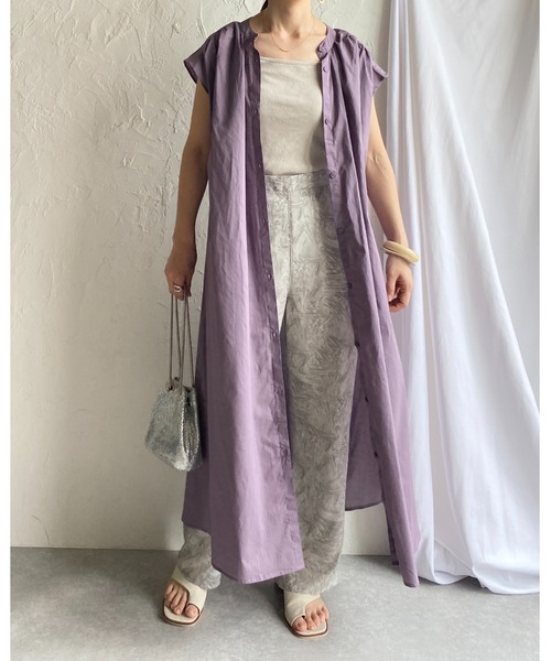 She's Closet(シーズクローゼット)の「スタンドカラーAラインフレアフレンチスリーブロングシャツワンピース(シャツワンピース・レディース・オフホワイト/グレー×サックスブルー/ダークパープル/ダークラベンダー・FREE)」の17枚目の写真