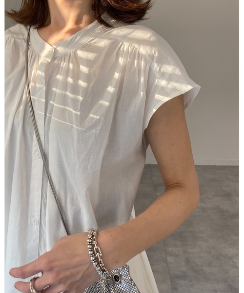 She's Closet(シーズクローゼット)の「スタンドカラーAラインフレアフレンチスリーブロングシャツワンピース(シャツワンピース・レディース・オフホワイト/グレー×サックスブルー/ダークパープル/ダークラベンダー・FREE)」の18枚目の写真