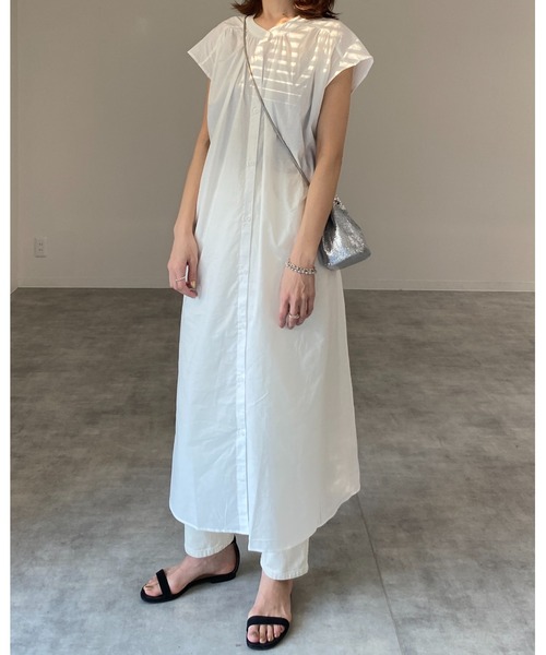 She's Closet(シーズクローゼット)の「スタンドカラーAラインフレアフレンチスリーブロングシャツワンピース(シャツワンピース・レディース・オフホワイト/グレー×サックスブルー/ダークパープル/ダークラベンダー・FREE)」の20枚目の写真