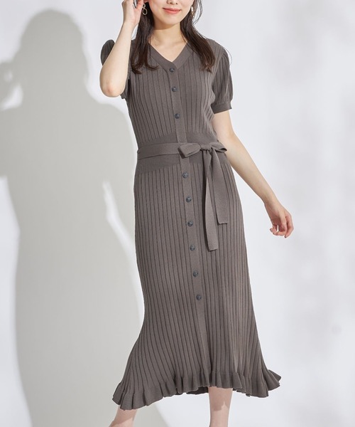 ウエストりぼん付きフロントボタン裾フリルシャリ感リブニットワンピース ワンピース Tocco Closet トッコ クローゼット のファッション通販 Zozotown