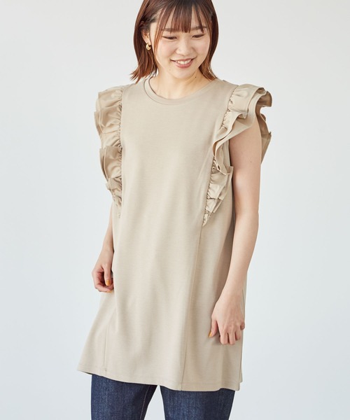 Sugar spoon(シュガースプーン)の「・SUGAR SPOON ラッフルスリーブチュニック*(Tシャツ/カットソー・レディース・カーキ/ベージュ/ブラック/ブルー・FREE)」の1枚目の写真