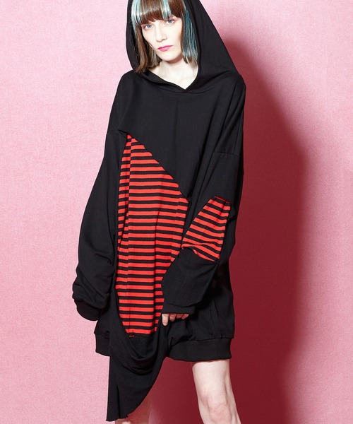 ディストラクション 赤黒ボーダープルオーバーパーカー スーパービッグ Art8050 を購入できます Ankorock Ankorock アンコロック のファッション トップス スーパービッグ パーカー