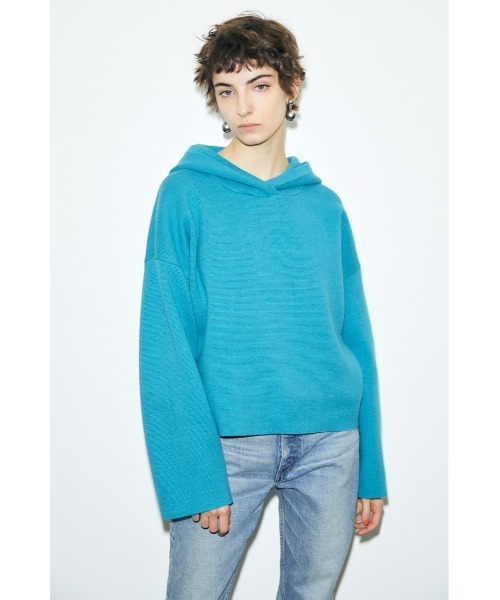 MOUSSY（マウジー）の「HOODIE KNIT トップス（ニット/セーター・レディース・ブラック/オフホワイト/ターコイズブルー・FREE）」の3枚目の写真
