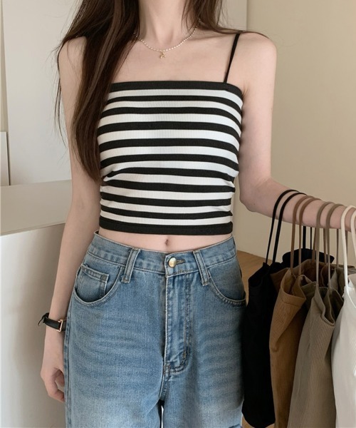 by muni:r（バイ ムニール）の「カップ付ベーシックキャミソール（キャミソール・レディース・ストライプ/ブラック/ホワイト/ベージュ・FREE）」の7枚目の写真