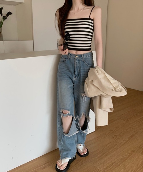 by muni:r（バイ ムニール）の「カップ付ベーシックキャミソール（キャミソール・レディース・ストライプ/ブラック/ホワイト/ベージュ・FREE）」の12枚目の写真