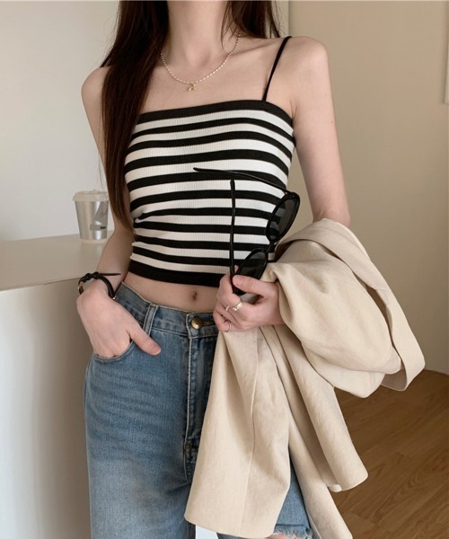 by muni:r（バイ ムニール）の「カップ付ベーシックキャミソール（キャミソール・レディース・ストライプ/ブラック/ホワイト/ベージュ・FREE）」の6枚目の写真