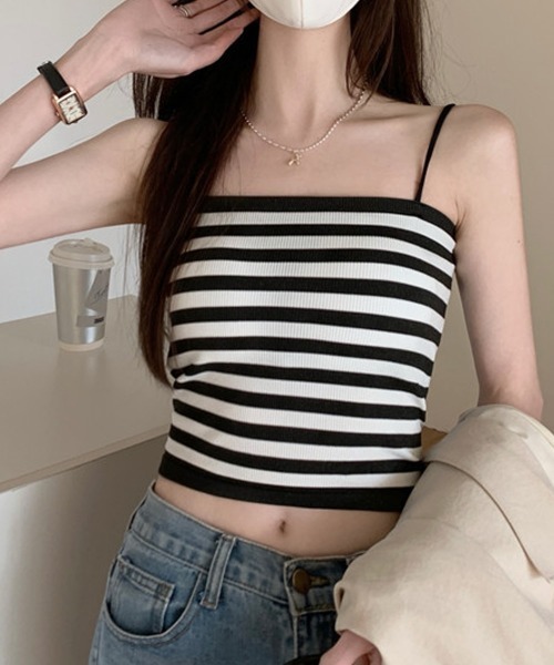 by muni:r（バイ ムニール）の「カップ付ベーシックキャミソール（キャミソール・レディース・ストライプ/ブラック/ホワイト/ベージュ・FREE）」の10枚目の写真
