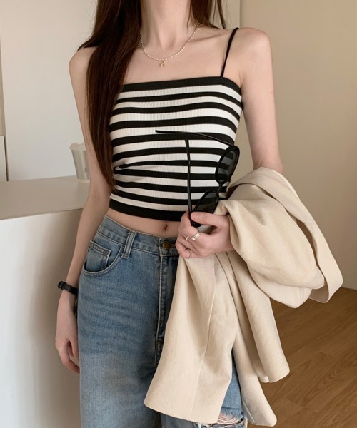 by muni:r（バイ ムニール）の「カップ付ベーシックキャミソール（キャミソール・レディース・ストライプ/ブラック/ホワイト/ベージュ・FREE）」の15枚目の写真