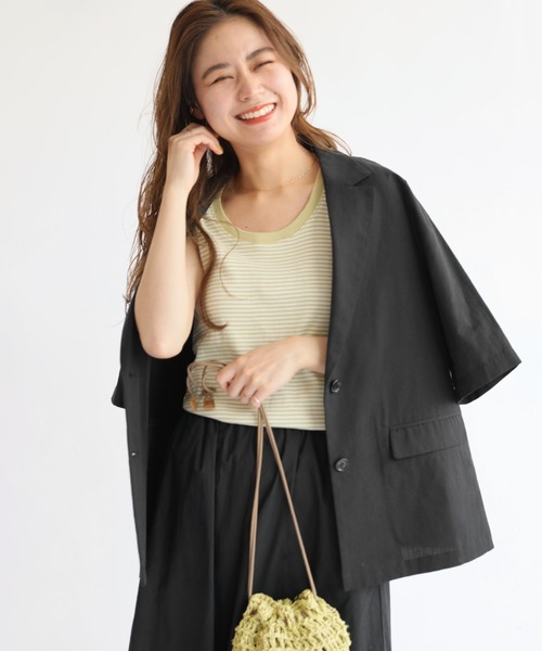 JOURNAL STANDARD relume（ジャーナルスタンダード　レリューム）の「フランダースリネン混ハーフスリーブジャケット（テーラードジャケット・レディース・カーキ/ブラック・FREE）」の2枚目の写真