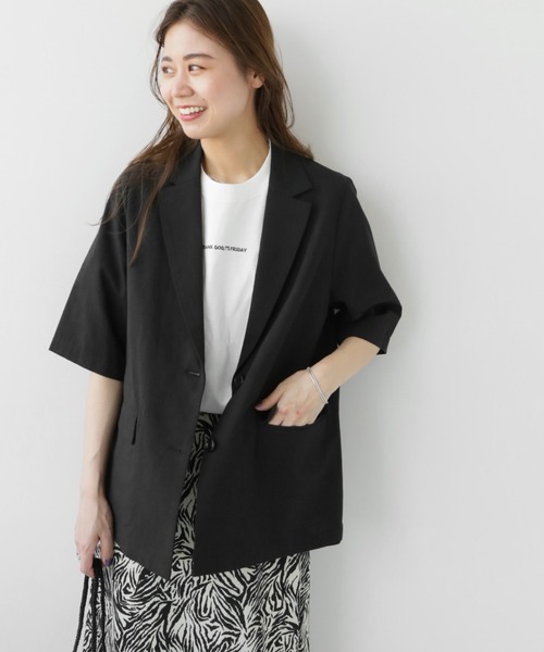 JOURNAL STANDARD relume（ジャーナルスタンダード　レリューム）の「フランダースリネン混ハーフスリーブジャケット（テーラードジャケット・レディース・カーキ/ブラック・FREE）」の7枚目の写真