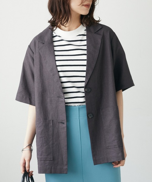 Green　Parks（グリーンパークス）の「ベルギーリネン混 ジャケット（テーラードジャケット・レディース・ダークグレー/ライトベージュ/ブラウン系その他4・FREE）」の2枚目の写真