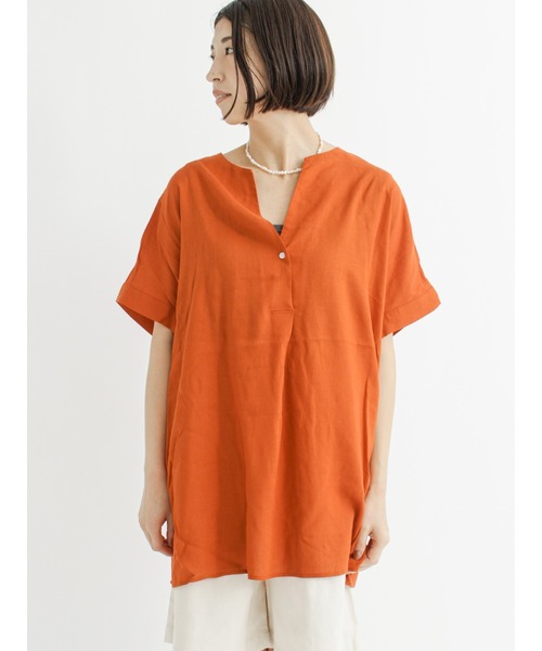 Lugnoncure（ルノンキュール）の「麻レーヨンノーカラーブラウス（シャツ/ブラウス・レディース・ブラック/オフホワイト/カーキ/オレンジ・ﾌﾘ-）」の4枚目の写真