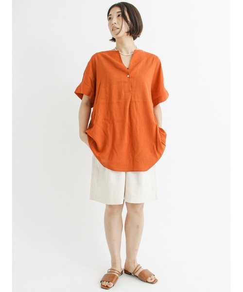 Lugnoncure（ルノンキュール）の「麻レーヨンノーカラーブラウス（シャツ/ブラウス・レディース・ブラック/オフホワイト/カーキ/オレンジ・ﾌﾘ-）」の7枚目の写真