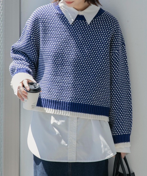 BONLECILL（ボンルシール）の「レトロジャガード クロップドニットプルオーバー（ニット/セーター・レディース・ネイビー/レッド/ブラック・FREE）」の3枚目の写真