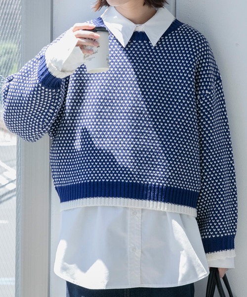 BONLECILL（ボンルシール）の「レトロジャガード クロップドニットプルオーバー（ニット/セーター・レディース・ネイビー/レッド/ブラック・FREE）」の16枚目の写真
