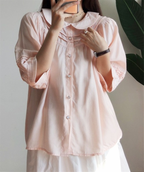 MAISON DE THERESE(メゾン ド テレーズ)の「ルーズシルエット半袖シャツブラウス(シャツ/ブラウス・レディース・ピンク/ブルー・M)」の5枚目の写真