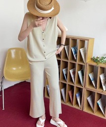 2点セットニットアップ ノースリーブトップス＆セミワイドパンツ