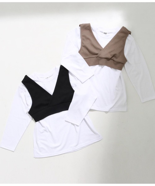 ANAP kids(アナップキッズ)の「バックロゴロンT+テレコリブベストセット(Tシャツ/カットソー・キッズ・ブラウン/ブラック・130cm/120cm/110cm)」の1枚目の写真