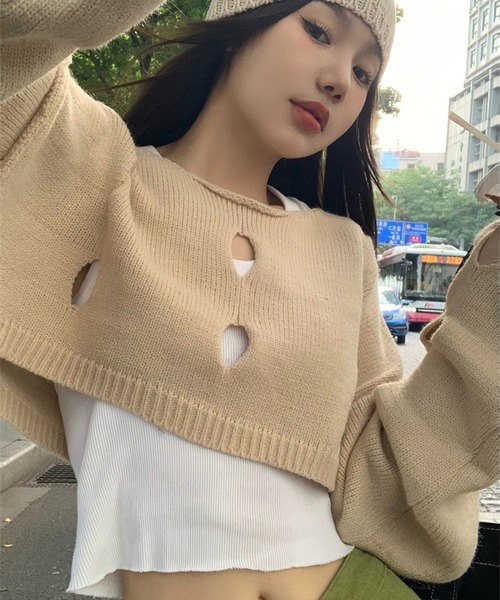 LYEON(リヨン)の「スラッシュショートニット(ニット/セーター・レディース・ベージュ/グリーン・FREE)」の12枚目の写真