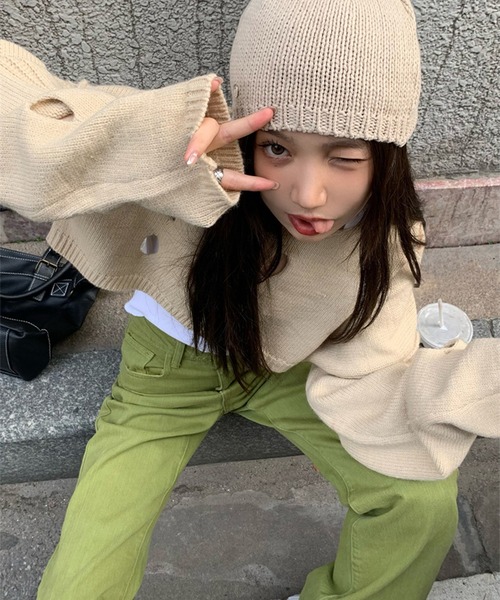 LYEON(リヨン)の「スラッシュショートニット(ニット/セーター・レディース・ベージュ/グリーン・FREE)」の14枚目の写真