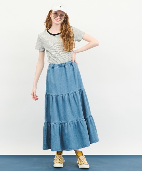 MERLOT（メルロー）の「ロングティアードスカート（デニムスカート・レディース・ブルー/アイボリー・FREE）」の10枚目の写真