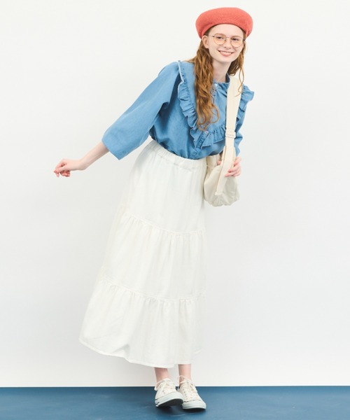 MERLOT（メルロー）の「ロングティアードスカート（デニムスカート・レディース・ブルー/アイボリー・FREE）」の20枚目の写真