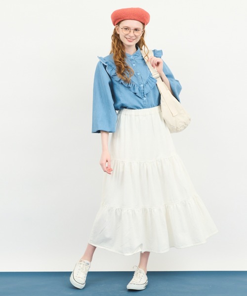 MERLOT（メルロー）の「ロングティアードスカート（デニムスカート・レディース・ブルー/アイボリー・FREE）」の19枚目の写真