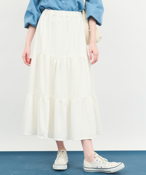 MERLOT（メルロー）の「ロングティアードスカート（デニムスカート・レディース・ブルー/アイボリー・FREE）」の15枚目の写真