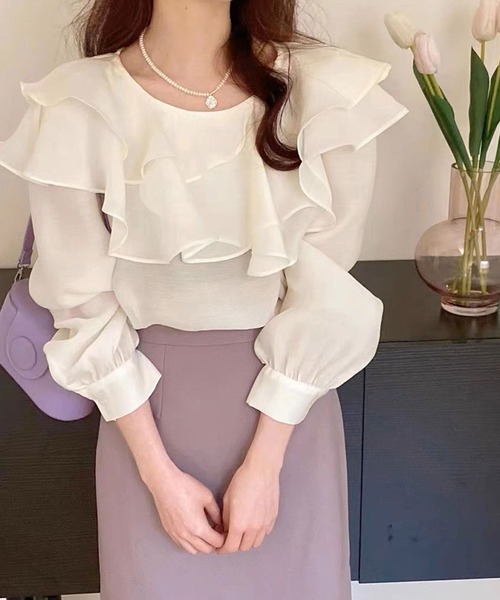 SPIGA（スピーガ）の「ﾎﾞｰﾄﾈｯｸﾀﾞﾌﾞﾙﾌﾘﾙﾌﾞﾗｳｽ（シャツ/ブラウス・レディース・ピンク/ベージュ/ブラウン/ホワイト/ブルー/パープル・FREE）」の3枚目の写真