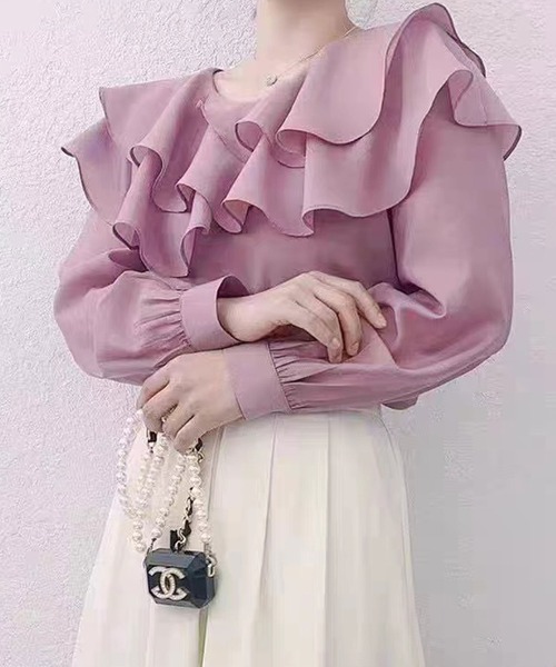 SPIGA（スピーガ）の「ﾎﾞｰﾄﾈｯｸﾀﾞﾌﾞﾙﾌﾘﾙﾌﾞﾗｳｽ（シャツ/ブラウス・レディース・ピンク/ベージュ/ブラウン/ホワイト/ブルー/パープル・FREE）」の5枚目の写真