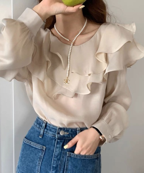 SPIGA（スピーガ）の「ﾎﾞｰﾄﾈｯｸﾀﾞﾌﾞﾙﾌﾘﾙﾌﾞﾗｳｽ（シャツ/ブラウス・レディース・ピンク/ベージュ/ブラウン/ホワイト/ブルー/パープル・FREE）」の2枚目の写真