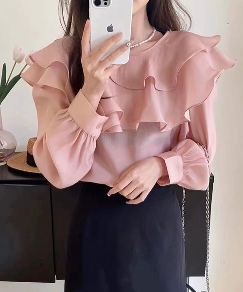 SPIGA（スピーガ）の「ﾎﾞｰﾄﾈｯｸﾀﾞﾌﾞﾙﾌﾘﾙﾌﾞﾗｳｽ（シャツ/ブラウス・レディース・ピンク/ベージュ/ブラウン/ホワイト/ブルー/パープル・FREE）」の6枚目の写真