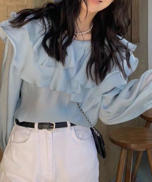 SPIGA（スピーガ）の「ﾎﾞｰﾄﾈｯｸﾀﾞﾌﾞﾙﾌﾘﾙﾌﾞﾗｳｽ（シャツ/ブラウス・レディース・ピンク/ベージュ/ブラウン/ホワイト/ブルー/パープル・FREE）」の4枚目の写真