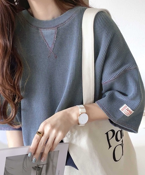 Java(ジャバ)の「《JAVAジャバ 別注》ラフヴィンテージ。2wayピグメントワッフル バックヘンリープルオーバー(Tシャツ/カットソー・レディース・ブルー/チャコールグレー/アイボリー・LARGE/MEDIUM/SMALL/X-LARGE)」の3枚目の写真