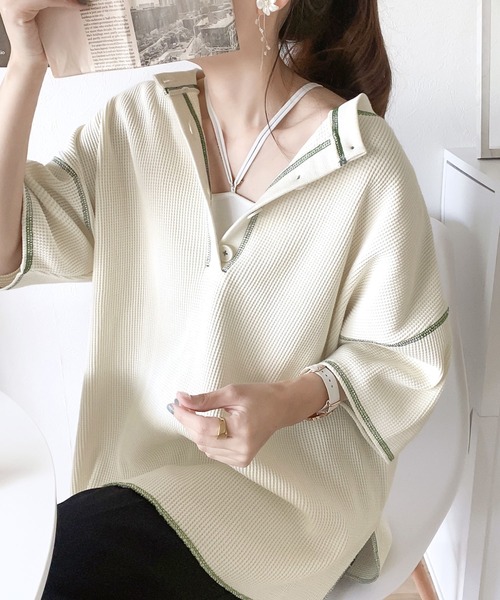 Java(ジャバ)の「《JAVAジャバ 別注》ラフヴィンテージ。2wayピグメントワッフル バックヘンリープルオーバー(Tシャツ/カットソー・レディース・ブルー/チャコールグレー/アイボリー・LARGE/MEDIUM/SMALL/X-LARGE)」の2枚目の写真