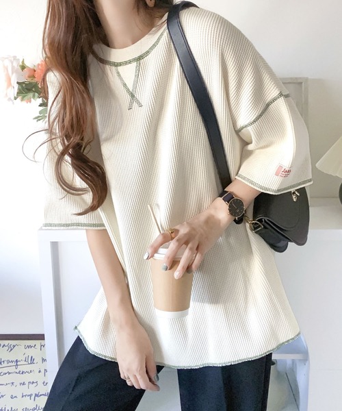 Java(ジャバ)の「《JAVAジャバ 別注》ラフヴィンテージ。2wayピグメントワッフル バックヘンリープルオーバー(Tシャツ/カットソー・レディース・ブルー/チャコールグレー/アイボリー・LARGE/MEDIUM/SMALL/X-LARGE)」の6枚目の写真