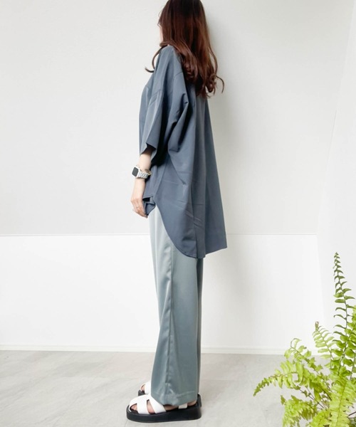 Ritzy（リッツィー）の「ポリストレッチ ドロップショルダーBIG SSシャツ レディース メンズ（シャツ/ブラウス・メンズ・サックスブルー/ブラック/ホワイト/グリーン/パープル/チャコール/ネイビー・MEDIUM/LARGE/X-LARGE）」の14枚目の写真