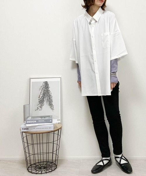 Ritzy（リッツィー）の「ポリストレッチ ドロップショルダーBIG SSシャツ レディース メンズ（シャツ/ブラウス・メンズ・サックスブルー/ブラック/ホワイト/グリーン/パープル/チャコール/ネイビー・MEDIUM/LARGE/X-LARGE）」の12枚目の写真