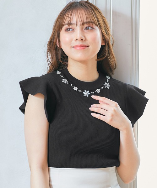 INGNI(イング)の「装飾付フリルノースリニット(ニット/セーター・レディース・ミント/ブラック/ピンク/オフホワイト・M)」の3枚目の写真