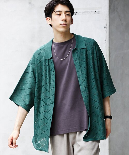 JOURNAL STANDARD relume（ジャーナルスタンダード　レリューム）の「Lattice サマーニットポロシャツ（ニット/セーター・メンズ・ブラック/ベージュ/グリーン・MEDIUM/LARGE）」の3枚目の写真