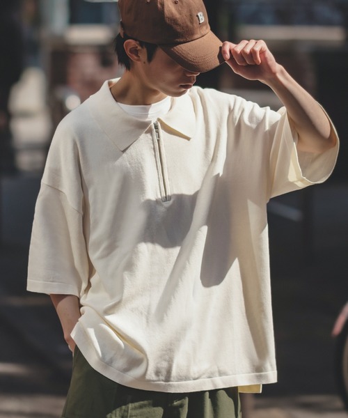 NULL(ヌル)の「【NULL】ニット素材 半袖 ハーフジップ ポロシャツ(ポロシャツ・メンズ・ホワイト/ブラック/グリーン・MEDIUM/LARGE)」の2枚目の写真