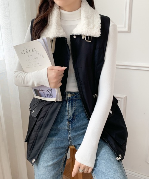 ABITOKYO（アビトーキョー）の「襟ボアスタンドカラー中綿ベスト（ダウンベスト・レディース・ベージュ/ブラック/アイボリー・FREE）」の13枚目の写真