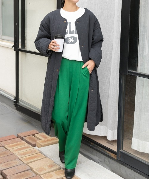 ad thie(アドティエ)の「キルティング 中綿 ロングコート(ノーカラーコート・レディース・カーキ/ナチュラル/ブラック/ベージュ・FREE)」の2枚目の写真