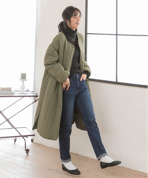 ad thie(アドティエ)の「キルティング 中綿 ロングコート(ノーカラーコート・レディース・カーキ/ナチュラル/ブラック/ベージュ・FREE)」の17枚目の写真