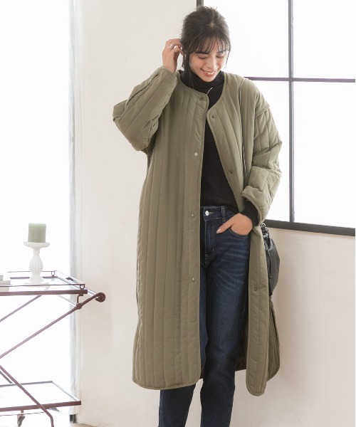 ad thie(アドティエ)の「キルティング 中綿 ロングコート(ノーカラーコート・レディース・カーキ/ナチュラル/ブラック/ベージュ・FREE)」の19枚目の写真
