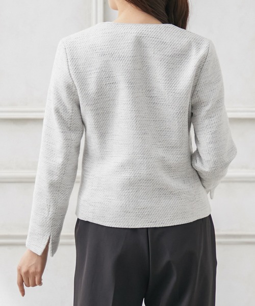 最終値下げ our パイピング使いのノーカラージャケット ライトグレー Honeys（ハニーズ）の「パイピング使いツイードノーカラー