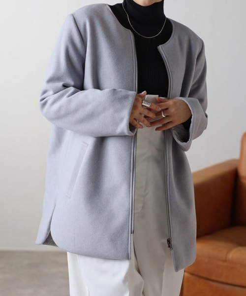 【セール】Fウール×キルト２WAYコート（ノーカラーコート）｜＆HALF（アンドハーフ）