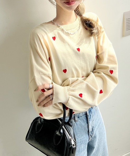 Futier land(フューティアランド)の「ミニハート刺繍トップス(Tシャツ/カットソー・レディース・アイボリー/ブラック/ホワイト・FREE)」の7枚目の写真