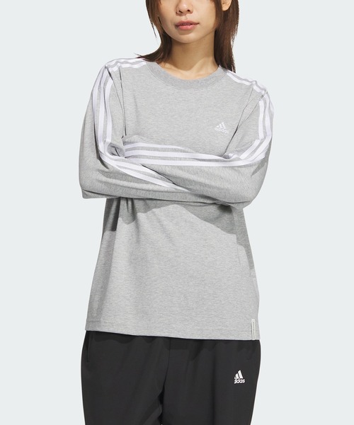 adidas（アディダス）の「エッセンシャルズプラス 3ストライプ 長袖Tシャツ / アディダス adidas（Tシャツ/カットソー・レディース・グレー/オフホワイト/ブラック/ホワイト・XX-LARGE/LARGE/MEDIUM/SMALL/X-SMALL/X-LARGE）」の4枚目の写真