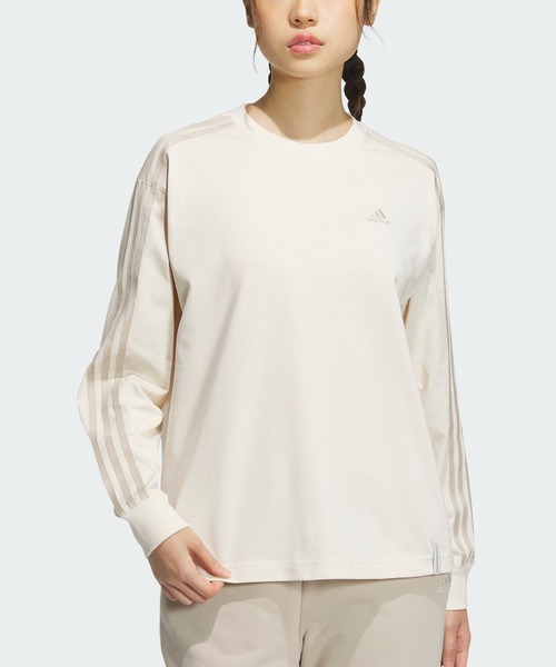 adidas（アディダス）の「エッセンシャルズプラス 3ストライプ 長袖Tシャツ / アディダス adidas（Tシャツ/カットソー・レディース・グレー/オフホワイト/ブラック/ホワイト・XX-LARGE/LARGE/MEDIUM/SMALL/X-SMALL/X-LARGE）」の2枚目の写真
